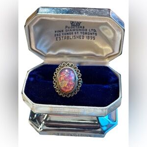 Vintage opal  nickel silver  filagree ring 1950s Mexico